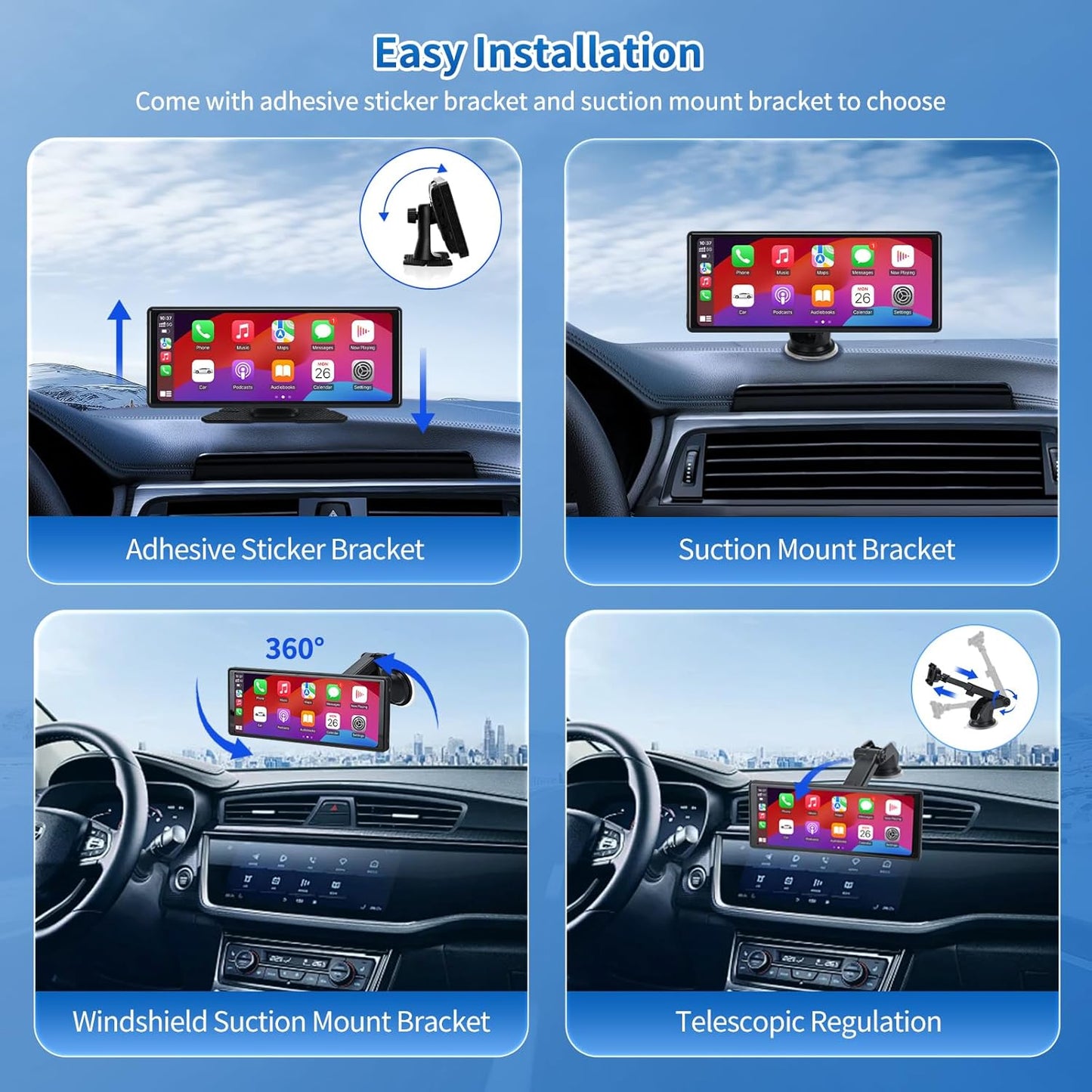 10.26'' Wireless Car Stereo with Carplay & Android Auto, 1080P Backup Camera, Portable Carplay Screen Support Bluetooth 5.0/Mirror Link/Aux/Siri/Voice Assitant Great for Travel