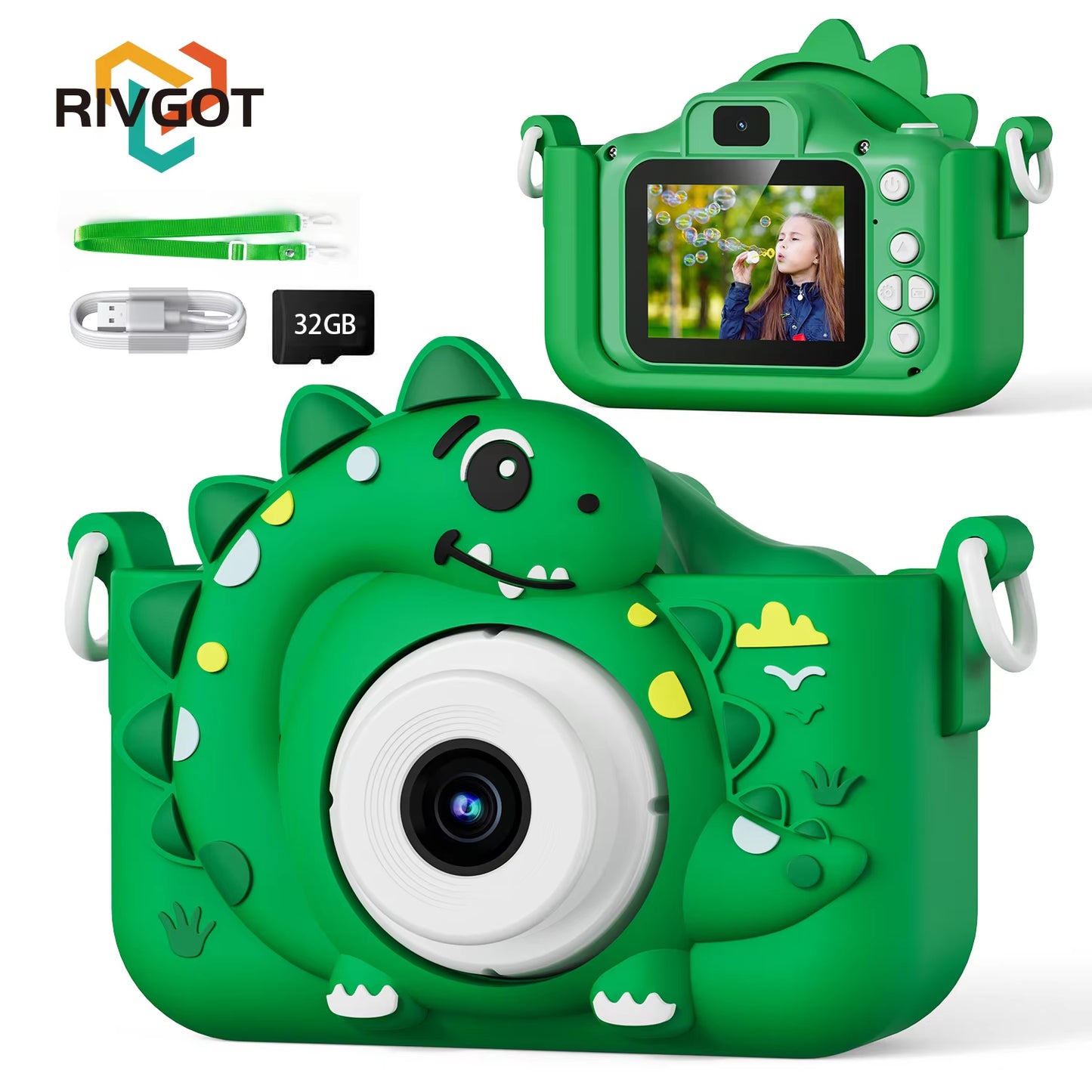 Kids Digital Camera with 32GB Card Dinosaur Mini Camera Toys 1080P HD Vlogging Photography Camera for Christmas Birthday Gifts