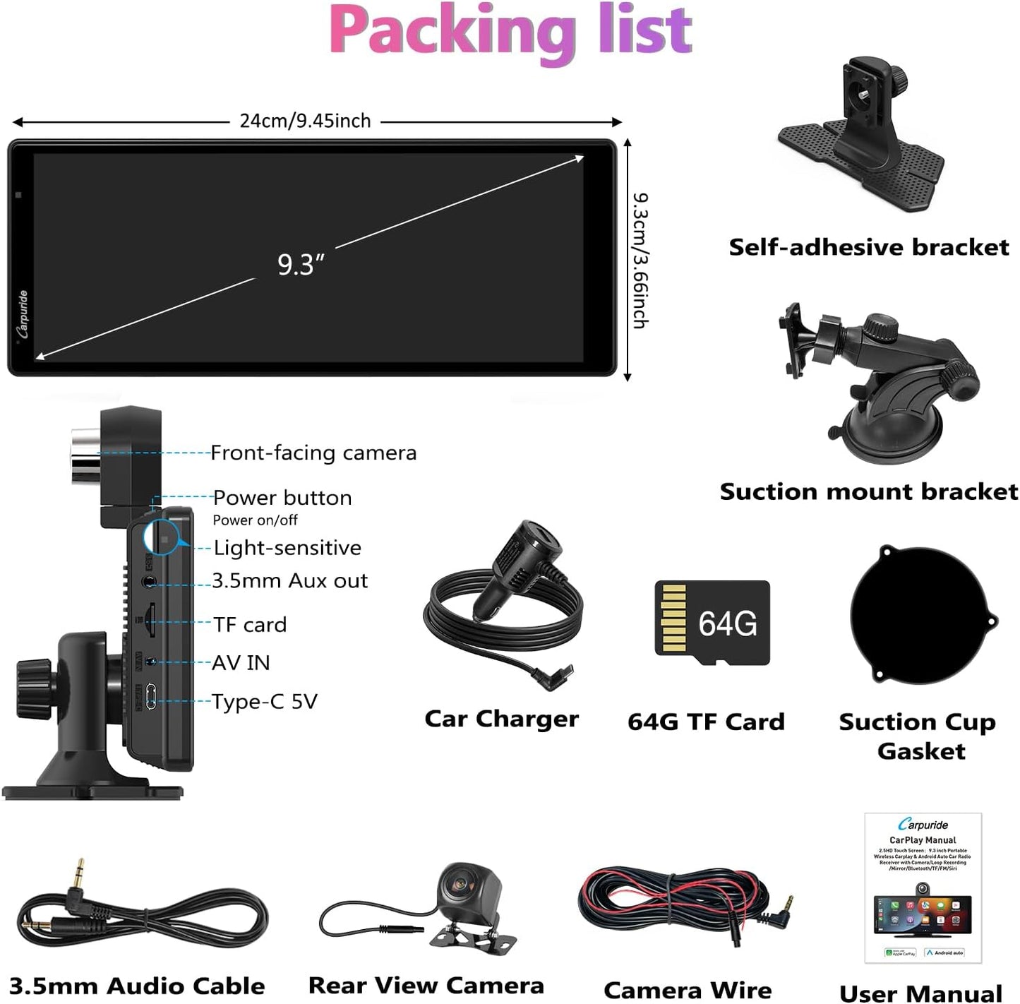 2025  W903 9.3" 4K Dash Cam with Wireless Carplay – Dual Front/Rear Camera, Loop Recording, Bluetooth, Mirror Link, GPS, Siri, Dashboard Mounted, Night Vision, Universal Car/Truck/Motorhome