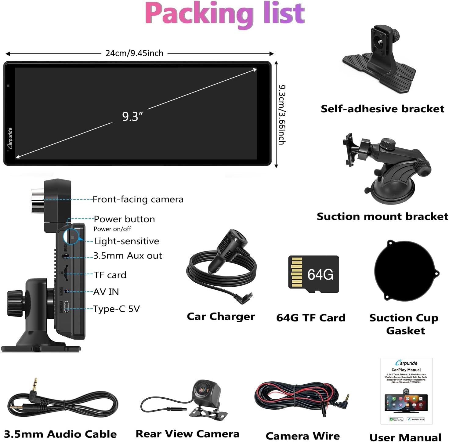 2025  W903 9.3" 4K Dash Cam with Wireless Carplay – Dual Front/Rear Camera, Loop Recording, Bluetooth, Mirror Link, GPS, Siri, Dashboard Mounted, Night Vision, Universal Car/Truck/Motorhome