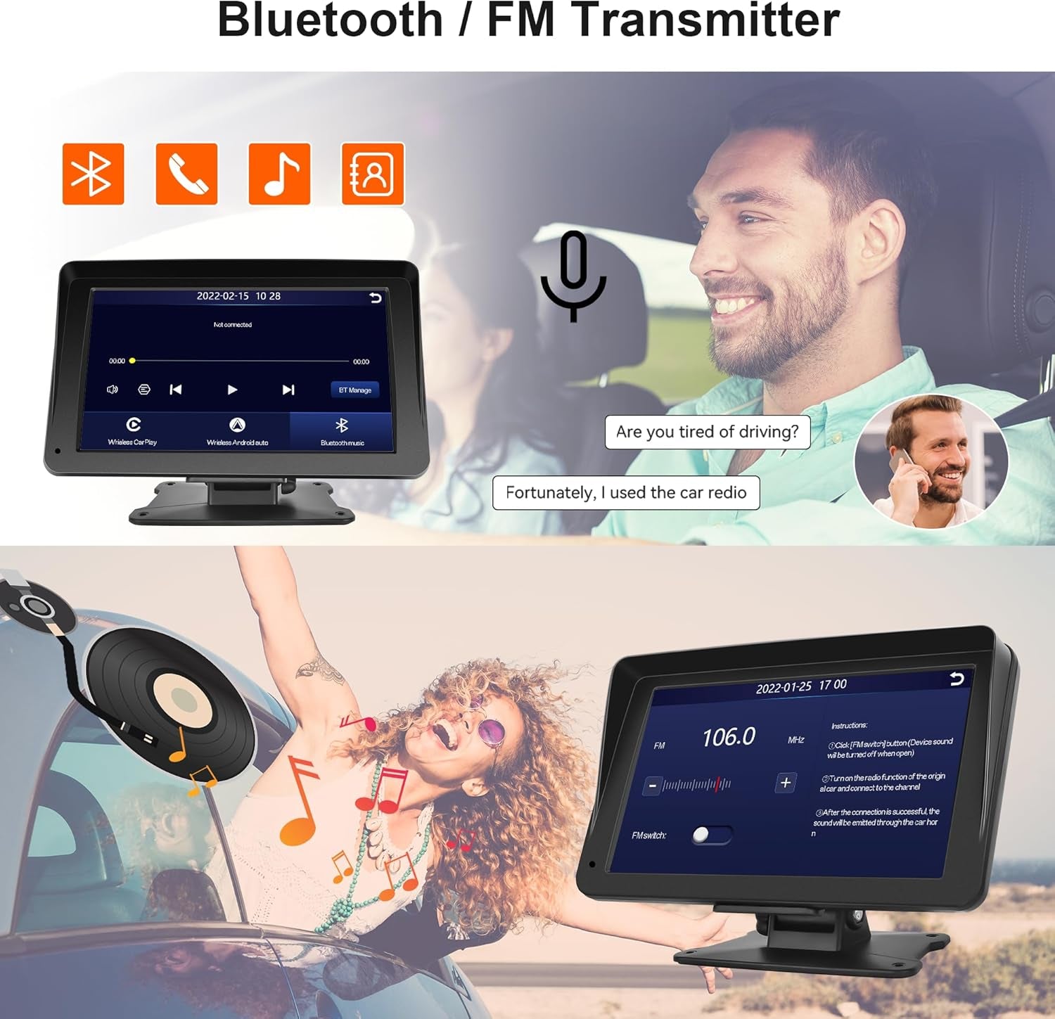 Portable Car Radio Wireless Carplay Screen Android Auto Screen,  7 Inch Touchscreen Bluetooth Portable Car Radio with FM Transmitter Voice Control