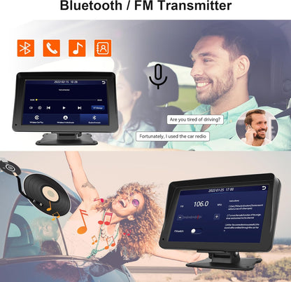 Portable Car Radio Wireless Carplay Screen Android Auto Screen,  7 Inch Touchscreen Bluetooth Portable Car Radio with FM Transmitter Voice Control