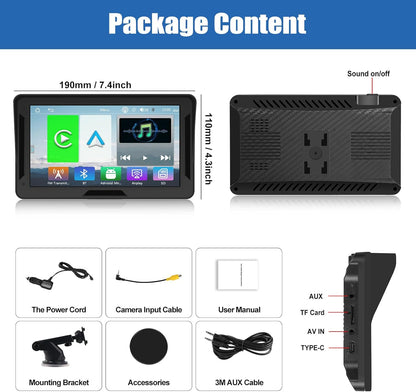 Portable Wireless Carplay Android Auto Screen Car Stereo, 7" HD Touchscreen Radio Carplay Screen for Car Fits Apple&Android, Car Audio Receivers with Bluetooth/Aux/Fm/Eq/Voice Control