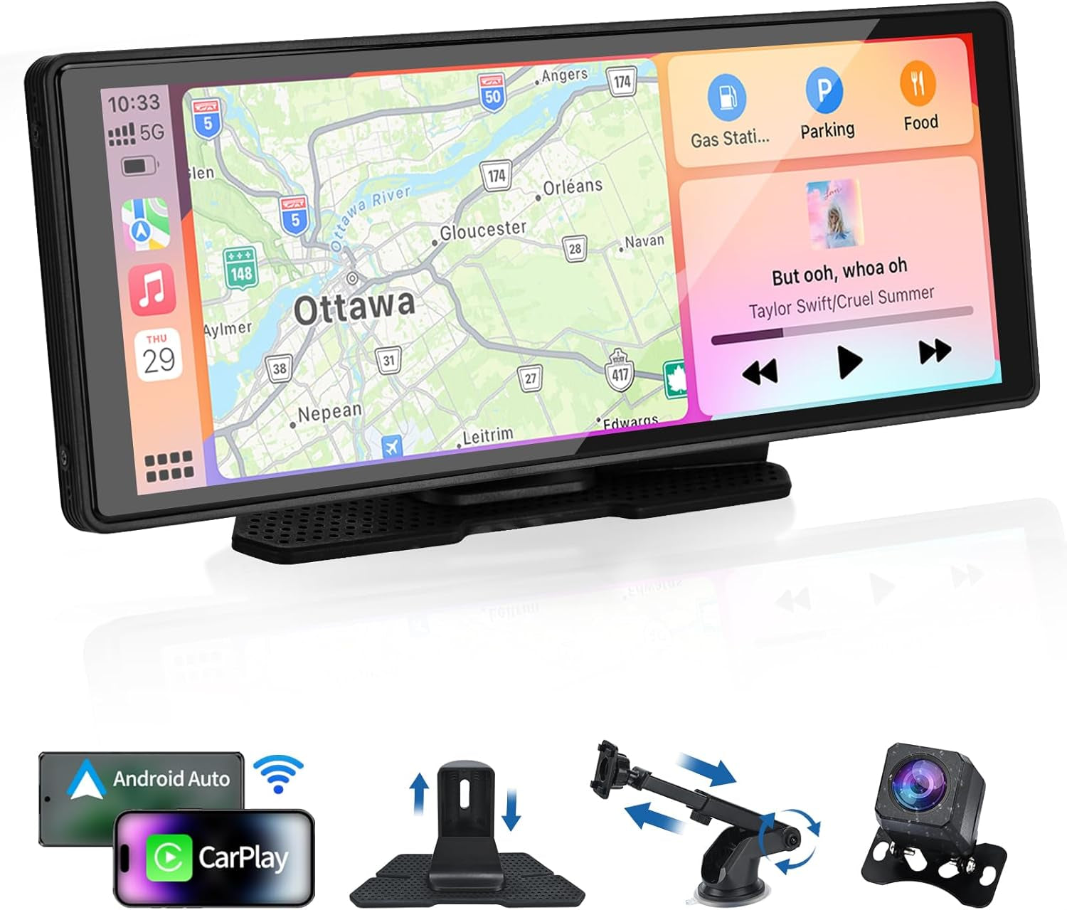 10.26'' Wireless Car Stereo with Carplay & Android Auto, 1080P Backup Camera, Portable Carplay Screen Support Bluetooth 5.0/Mirror Link/Aux/Siri/Voice Assitant Great for Travel