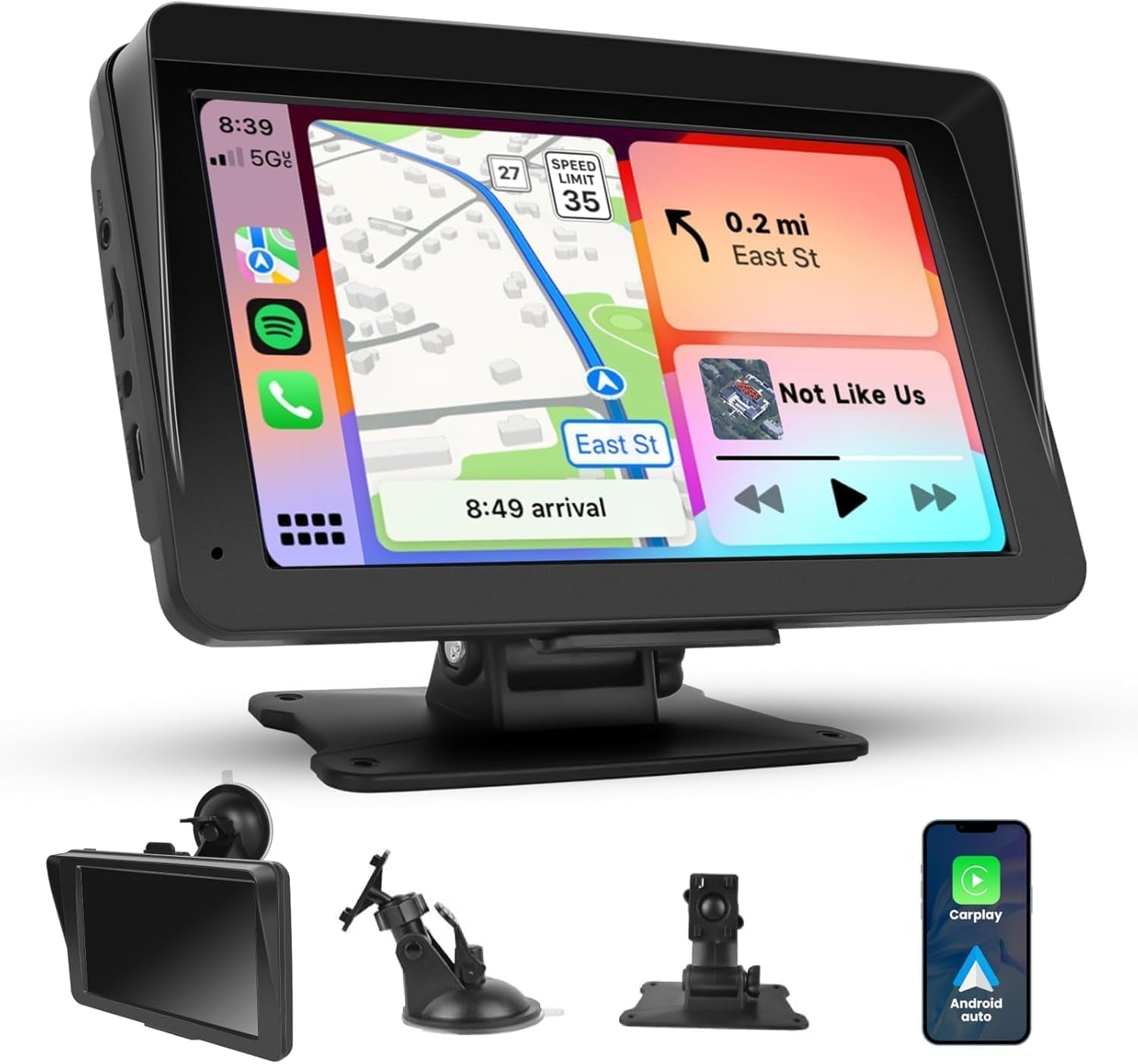 Wireless Carplay Screen, 7" Portable Car Stereo & Car Radio with Apple Carplay, Android Auto, HD Touchscreen, Bluetooth, Mirrorlink, Voice Control, FM Transmission, GPS, TF Card, AUX