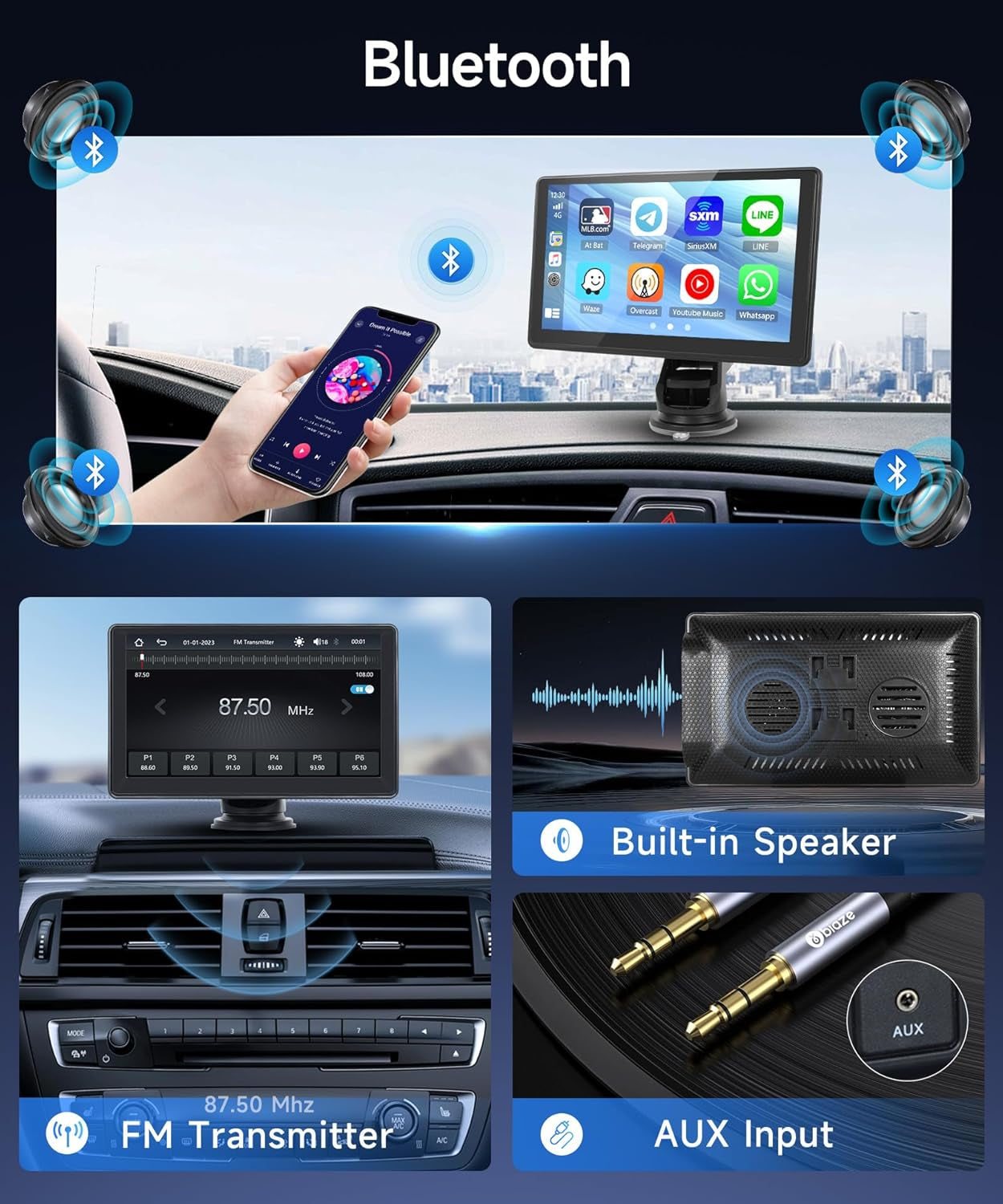 7 Inch Portable Car Play Stereo Touch Screen  Portable Carplay Car Radio with Wireless Android Auto Airplay Android Cast, Bluetooth, GPS Navigation, FM Transmit, AUX, Voice Control