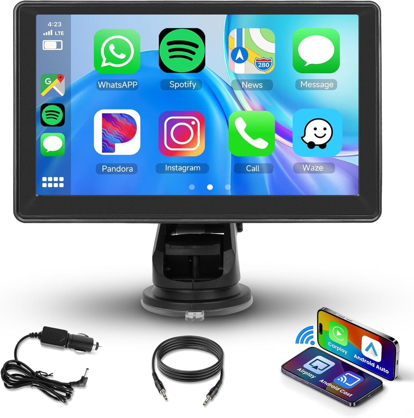 7 Inch Portable Car Play Stereo Touch Screen  Portable Carplay Car Radio with Wireless Android Auto Airplay Android Cast, Bluetooth, GPS Navigation, FM Transmit, AUX, Voice Control