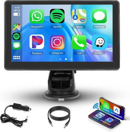 7 Inch Portable Car Play Stereo Touch Screen  Portable Carplay Car Radio with Wireless Android Auto Airplay Android Cast, Bluetooth, GPS Navigation, FM Transmit, AUX, Voice Control